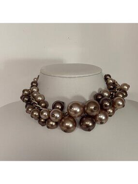 Vintage Chunky Faux Pearl Choker Necklace Tonal Beige Bronze Japan Hook Clasp